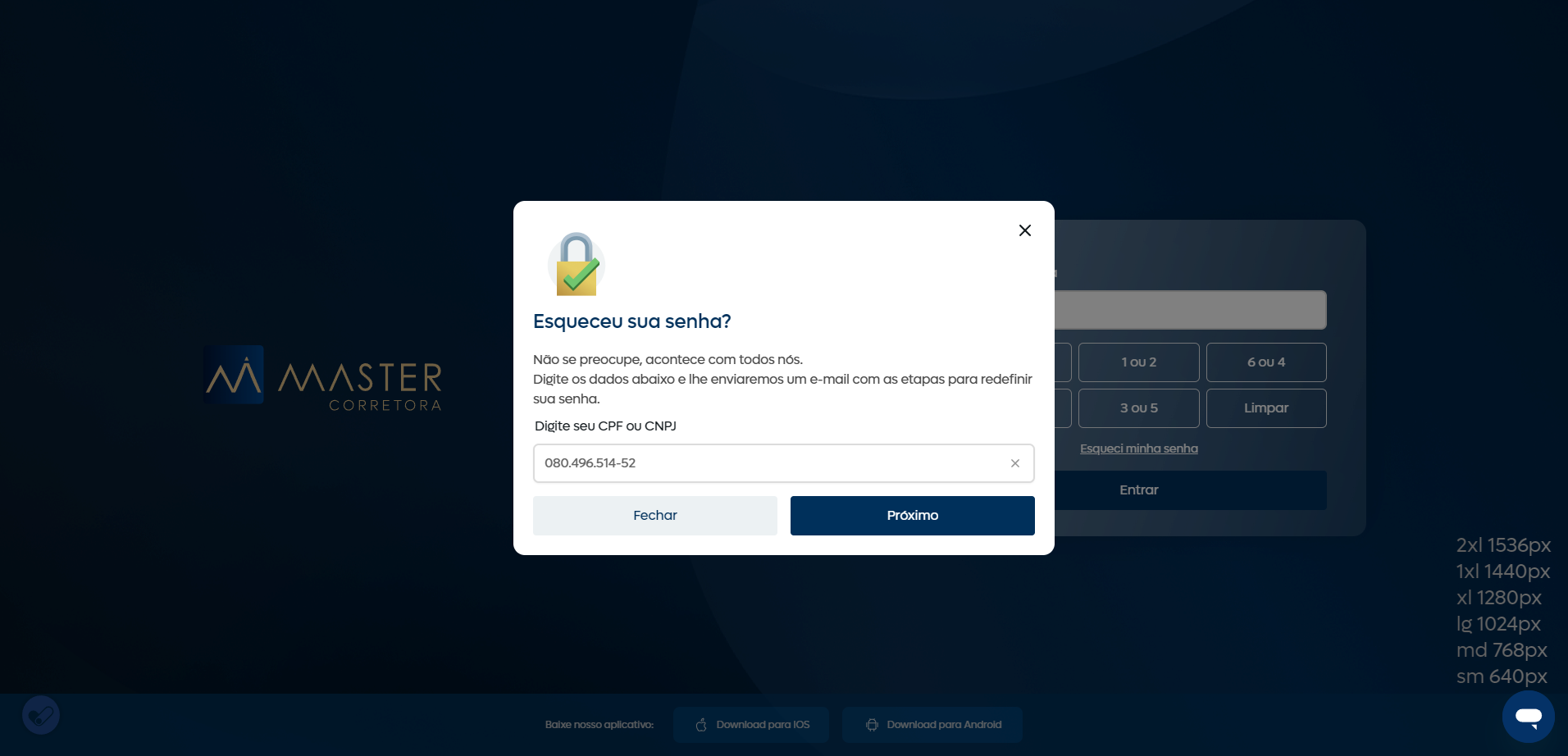 Detalhe de investimentos no Desktop Master