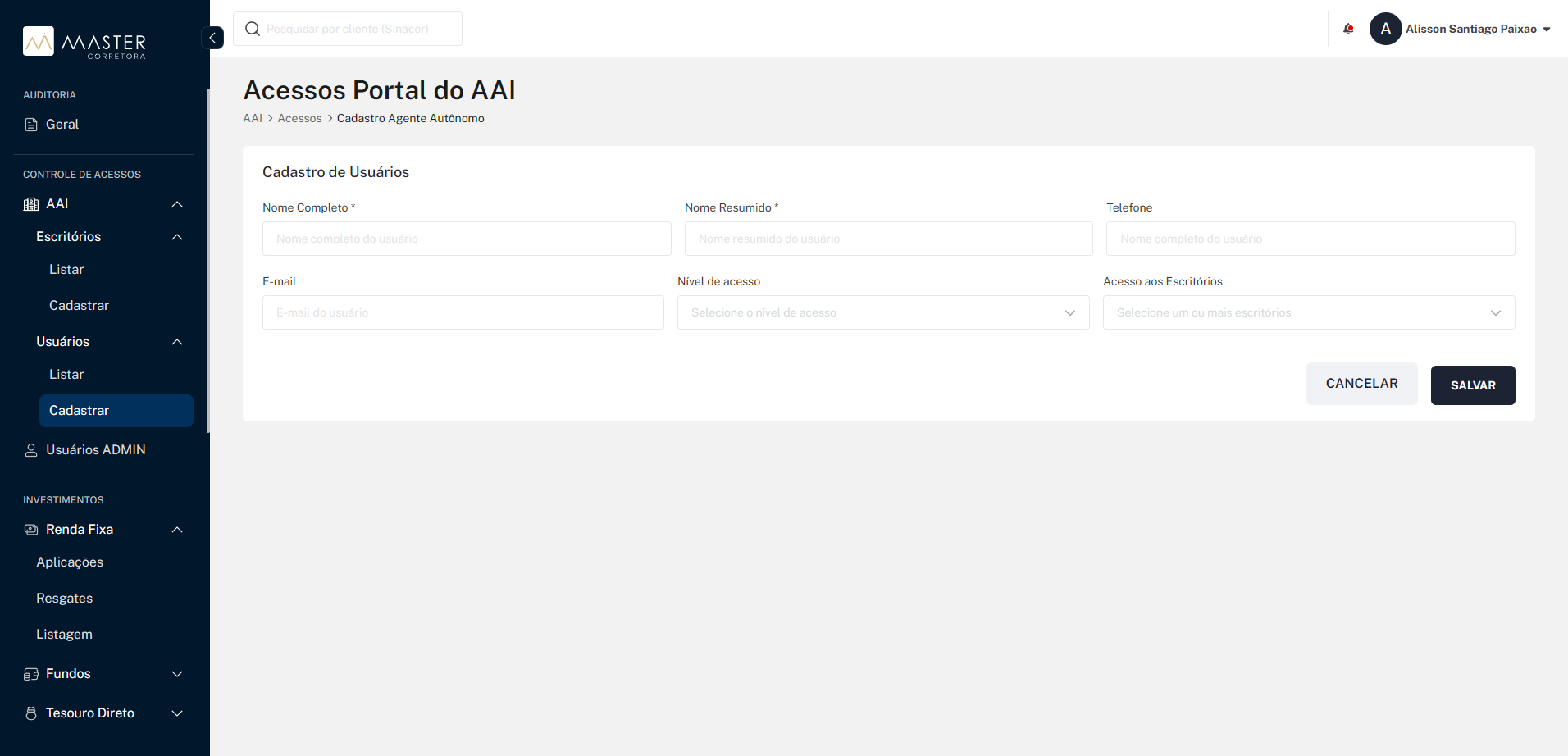 Painel da intranet Master